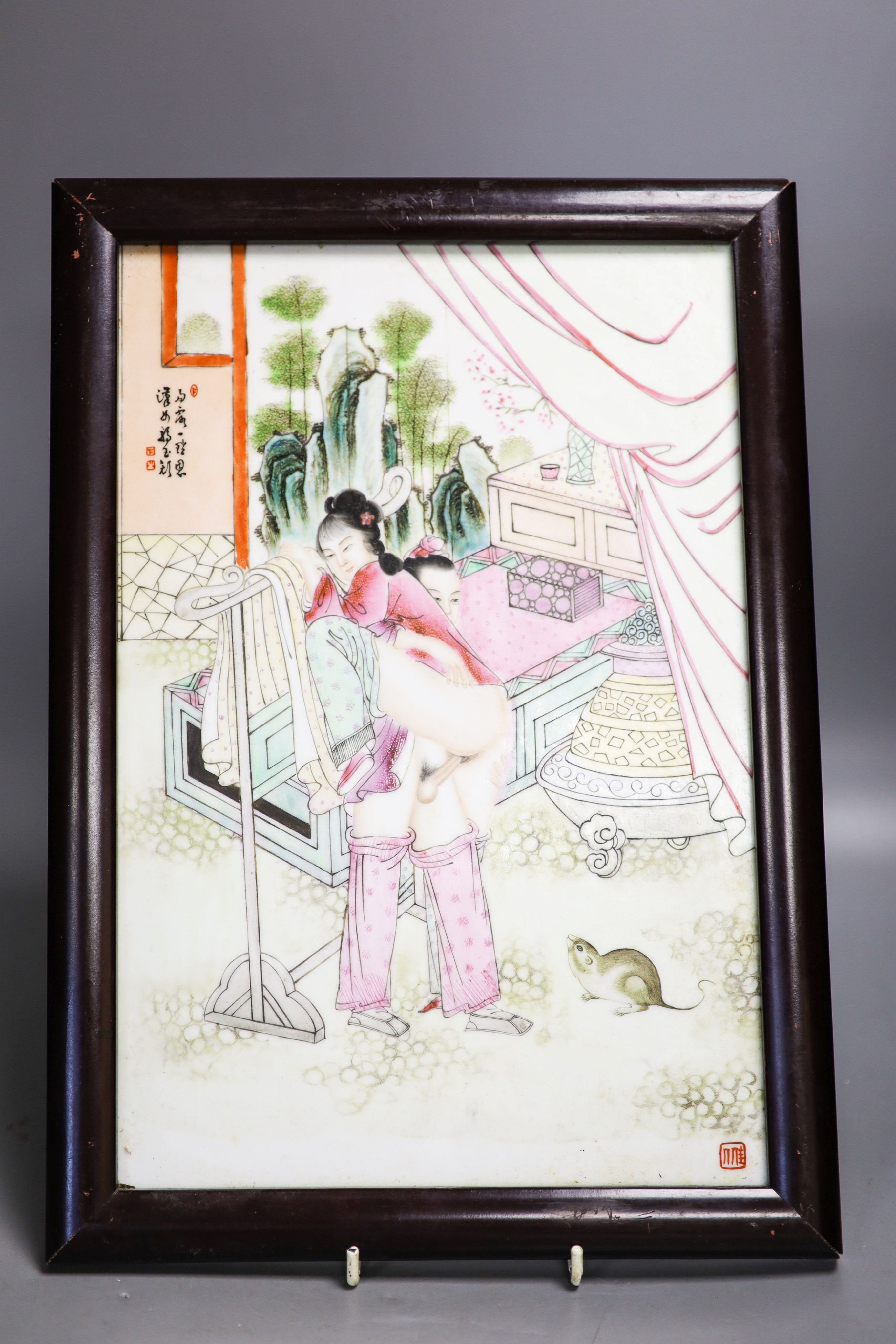 A part set of eleven framed Chinese porcelain plaques, zodiac erotic subjects 36x24cm